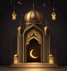 Fototapete - Eid Mubarak and Ramadan Kareem greetings with Islamic lantern, moon, and mosque texture background, and golden lines. Vector illustration