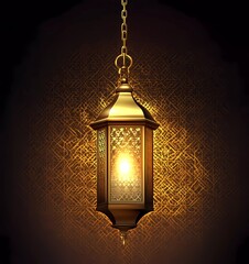 Fototapete - Eid Mubarak and Ramadan Kareem greetings with Islamic lantern, moon, and mosque texture background, and golden lines. Vector illustration