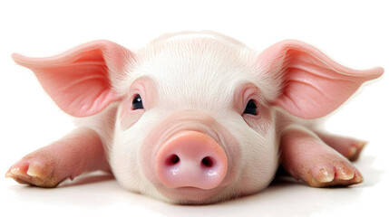 Poster - cute piglet lying down with a relaxed expression on a white background generative ai