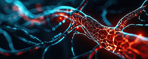 Poster - Abstract neural network with vibrant red and blue glowing connections, dark background.