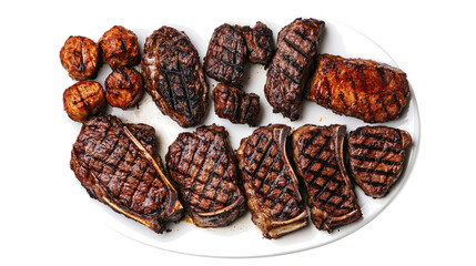 Poster - grilled beef steaks on a white plate clear background generative ai