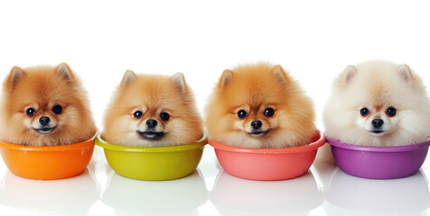 Poster - pomeranian puppies enjoying bath time in colorful bowls generative ai