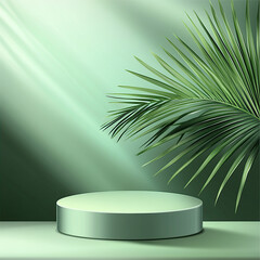 Wall Mural - abstract background with a green podium and palm leaf for product presentation, cosmetic mock-up