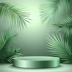 Wall Mural - abstract background with a green podium and palm leaf for product presentation, cosmetic mock-up
