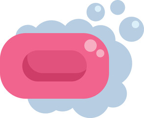 Poster - pink soap bar surrounded by soap suds creating bubbles, ideal for hygiene, washing hands, and cleani