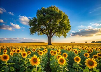 Wall Mural - Majestic Tree Surrounded by a Vibrant Field of Sunflowers Under a Clear Blue Sky, Capturing the Essence of Nature's Beauty in Urban Exploration Photography