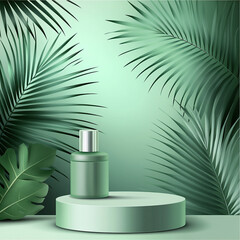 Wall Mural - abstract background with a green podium and palm leaf for product presentation, cosmetic mock-up