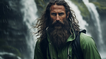 A man with long hair and a beard stands in the rain, wearing a green rain jacket and a black backpack, with a waterfall in the blurred background, suggesting an adventurous outdoor setting in Iceland.