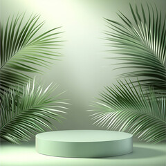 Wall Mural - abstract background with a green podium and palm leaf for product presentation, cosmetic mock-up