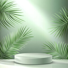 Wall Mural - abstract background with a green podium and palm leaf for product presentation, cosmetic mock-up