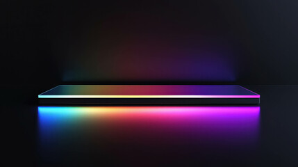 Poster - Vibrant 3D Neon Glow Border Platform Hovering Above Reflective Surface with Dark Background for Modern Digital Art and Design Applications