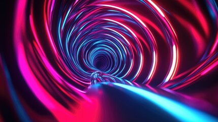 Poster - 3D rendering of a red and blue neon helix spiral featuring an abstract fluorescent background with glowing curvy lines and geometric shapes reminiscent of a vibrant laser show