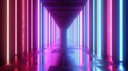 Poster - 3D rendering featuring neon light rods with vertical pink and blue lines in a virtual reality tunnel abstract ultraviolet background and a reflective laser show stage design