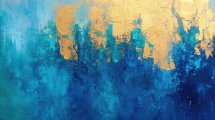 Poster - A vibrant painting featuring shades of blue and gold in a textured background