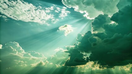 Wall Mural - green top right clouds and light rays abstract background, vertical composition, green, clouds, ligh
