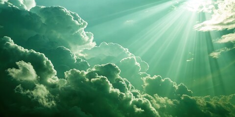 Wall Mural - green top right clouds and light rays abstract background, vertical composition, green, top right, c