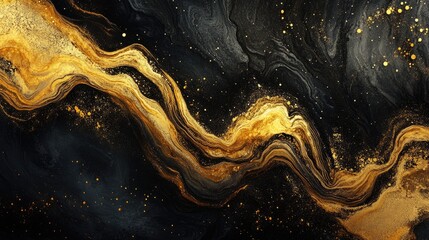 Poster - Golden liquid wave on a dark background Abstract marble texture showcasing fluid art techniques Digital design element
