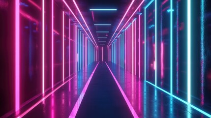 Poster - 3D rendering featuring neon light rods with vertical pink and blue lines in a virtual reality tunnel abstract ultraviolet background and a reflective laser show stage design