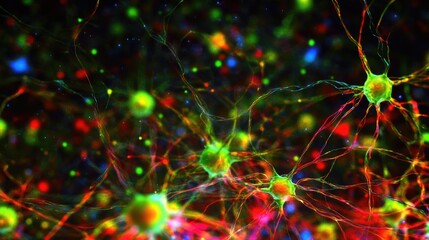 Poster - Neuron cell impulses nervous system dynamics neural network visualization under microscope brain signal communication mental signals