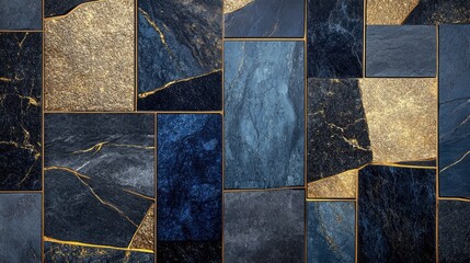 Poster - Abstract mosaic of black blue and gold granite marble tile wall decor featuring a textured background with intricate golden line details