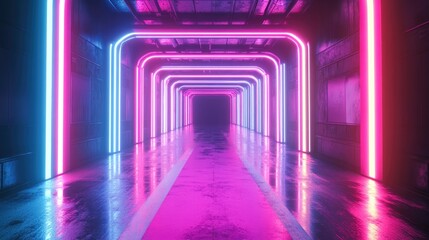 Poster - 3D rendering featuring neon light rods with vertical pink and blue lines in a virtual reality tunnel abstract ultraviolet background and a reflective laser show stage design