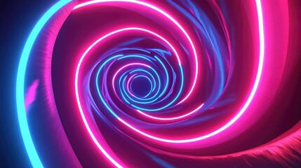 Poster - 3D rendering of a red and blue neon helix spiral featuring an abstract fluorescent background with glowing curvy lines and geometric shapes reminiscent of a vibrant laser show