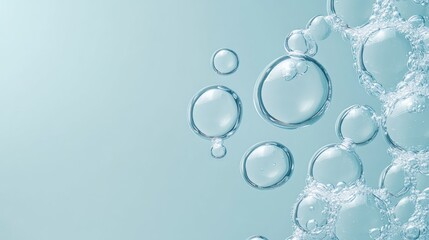 Poster - Aerial perspective of water bubbles on a soft blue backdrop themed for beauty products