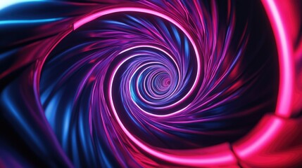 Poster - 3D rendering of a red and blue neon helix spiral featuring an abstract fluorescent background with glowing curvy lines and geometric shapes reminiscent of a vibrant laser show