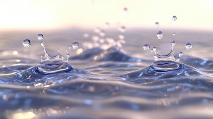 Poster - Stunning depiction of water droplets cascading onto a surface creating waves and ripples that spread beautifully across the water Concept focused on water dynamics and motion