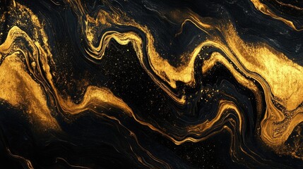 Poster - Golden liquid wave on a dark background Abstract marble texture showcasing fluid art techniques Digital design element
