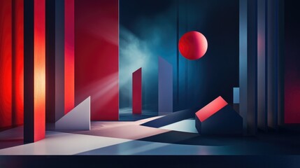 Poster - A 3D abstract composition of geometric shapes in a deep, dark environment, with dramatic lighting creating strong contrasts
