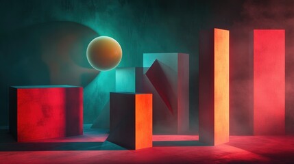 Poster - A 3D abstract composition of geometric shapes in a deep, dark environment, with dramatic lighting creating strong contrasts