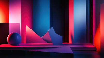 Poster - A 3D abstract composition of geometric shapes in a deep, dark environment, with dramatic lighting creating strong contrasts