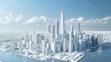 Aufkleber - A 3D perspective of Chicago, featuring its skyscrapers and famous landmarks in white, with a clean, minimalist style that highlights the city architecture