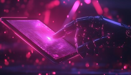 Aufkleber - A futuristic, glowing hand interacts with a tablet, surrounded by luminous particles, creating a high-tech, digital atmosphere.