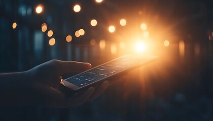 Poster - A hand holds a smartphone illuminated by warm light, surrounded by blurred glowing orbs, creating a cozy and inviting atmosphere.