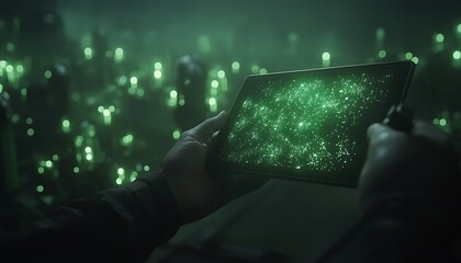 Poster - A dimly lit scene features a person's hands holding a tablet displaying a vibrant green, starry graphic amidst a backdrop of glowing lights.