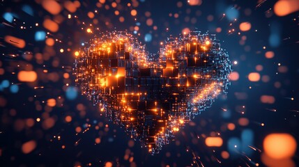 Poster - A digital generative heart formed from 3D cubes and spheres, arranged in a perfect heart shape, glowing against a sleek dark background