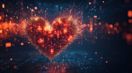 Poster - A digital generative heart formed from 3D cubes and spheres, arranged in a perfect heart shape, glowing against a sleek dark background