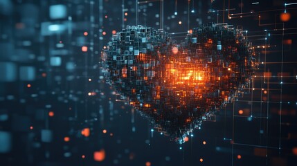 Poster - A digital generative heart formed from 3D cubes and spheres, arranged in a perfect heart shape, glowing against a sleek dark background