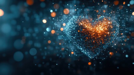 Poster - A digital generative heart formed from 3D cubes and spheres, arranged in a perfect heart shape, glowing against a sleek dark background