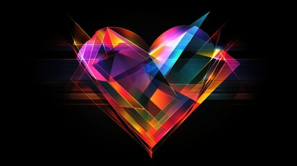 Poster - A digital heart design created by generative AI, with geometric shapes in various neon shades, glowing against a deep black background