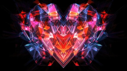 Poster - A digital heart design created by generative AI, with geometric shapes in various neon shades, glowing against a deep black background
