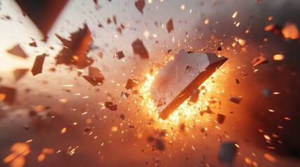 Poster - A futuristic 3D render showing the destruction of geometric surfaces in an explosive pattern, with sharp fragments flying outward