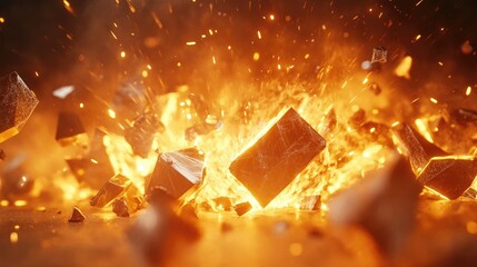 Poster - A futuristic 3D render showing the destruction of geometric surfaces in an explosive pattern, with sharp fragments flying outward