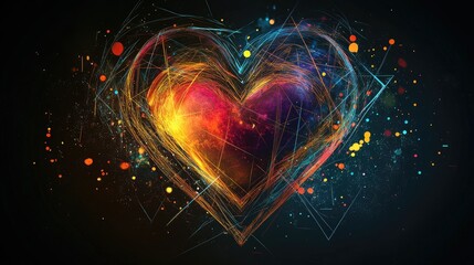 Poster - A heart symbol crafted with abstract geometric shapes, blending vibrant colors and futuristic lines against a simple dark backdrop