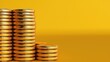 © FarhaStock - Golden Coins Stacked High Against a Bright Yellow Background, Symbolizing Wealth, Prosperity, Savings, and Financial Success in a Modern Economic Context