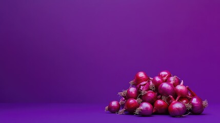 Poster - A minimalist shot of red onions against a solid purple background, emphasizing their natural color and form