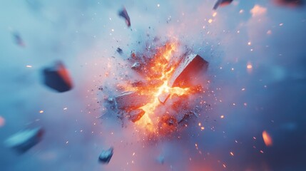 Poster - A powerful abstract explosion shape in 3D, with high-tech shards and dynamic light effects set against a cool blue, futuristic backdrop