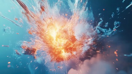 Poster - A powerful abstract explosion shape in 3D, with high-tech shards and dynamic light effects set against a cool blue, futuristic backdrop